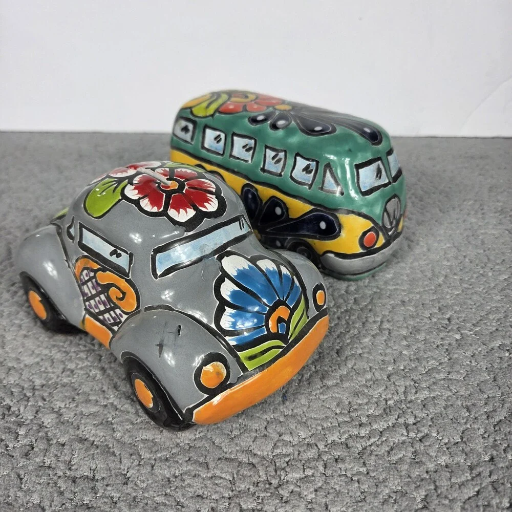 Talavera Pottery Hand Painted VW Beetle And Bus Figurines Mexican Art